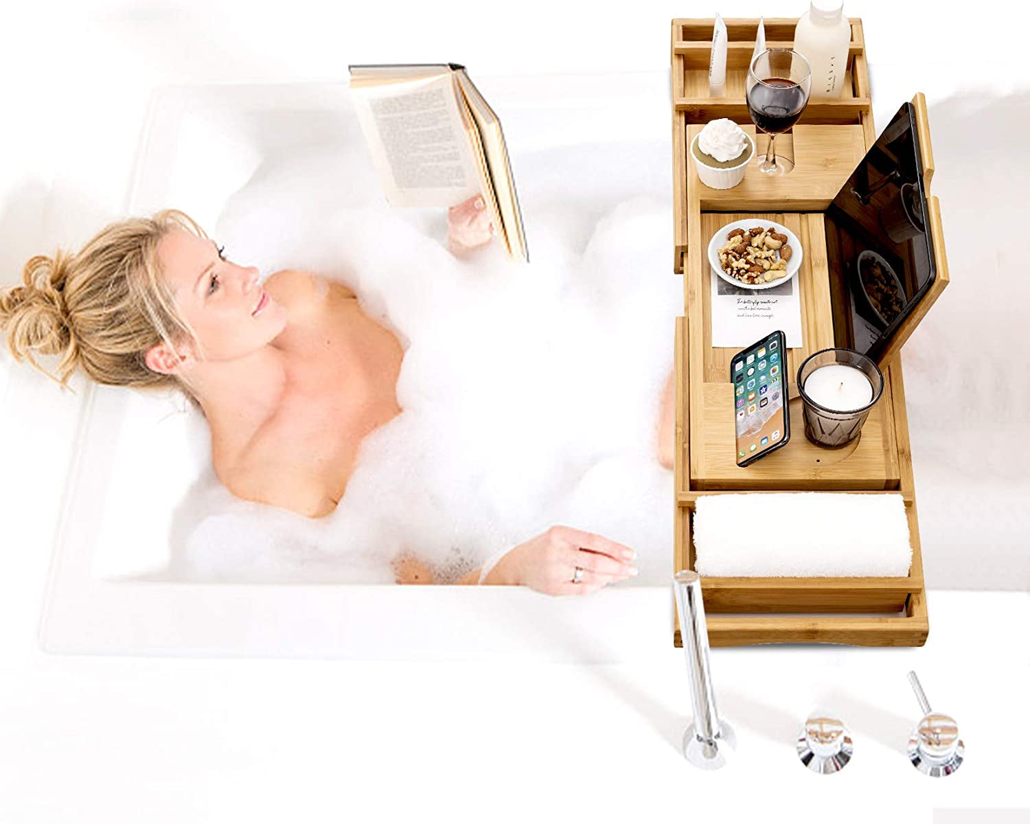 Bamboo Bathtub Caddy Tray with Extending Sides, Cellphone Ipad Tray and Wineglass Holder，Free Soap Holder