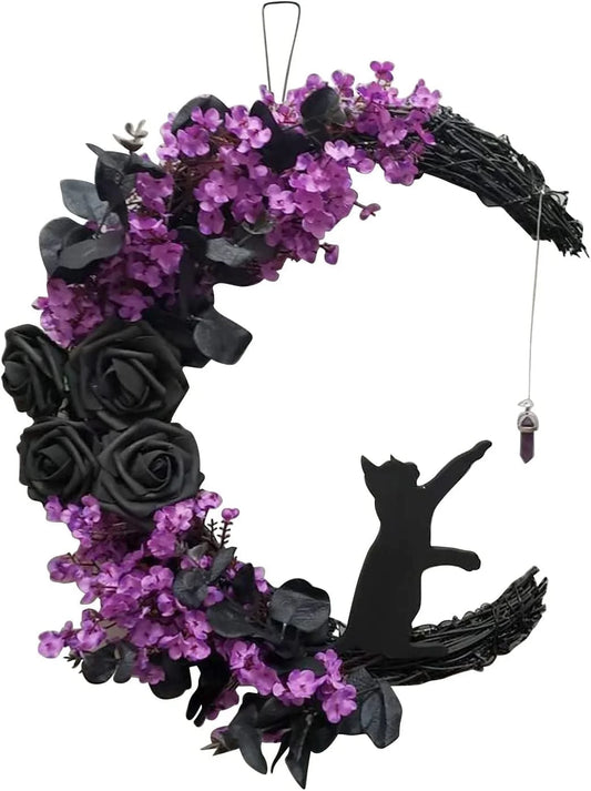 Halloween Wreath for Front Door Halloween Moon Wreath with Mini Black Cat Grapevine Wreath Halloween Door Wreath Decorations for Home Party Indoor Outdoor-14"