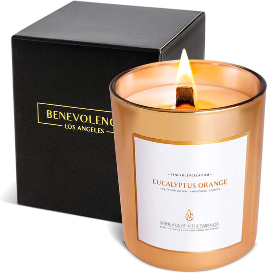 "Benevolence Eucalyptus & Orange Wood Wick Candles - Refreshing Summer Scented 8 Oz Natural Candles for Home & Bath | Perfect Gift for Women & Men"