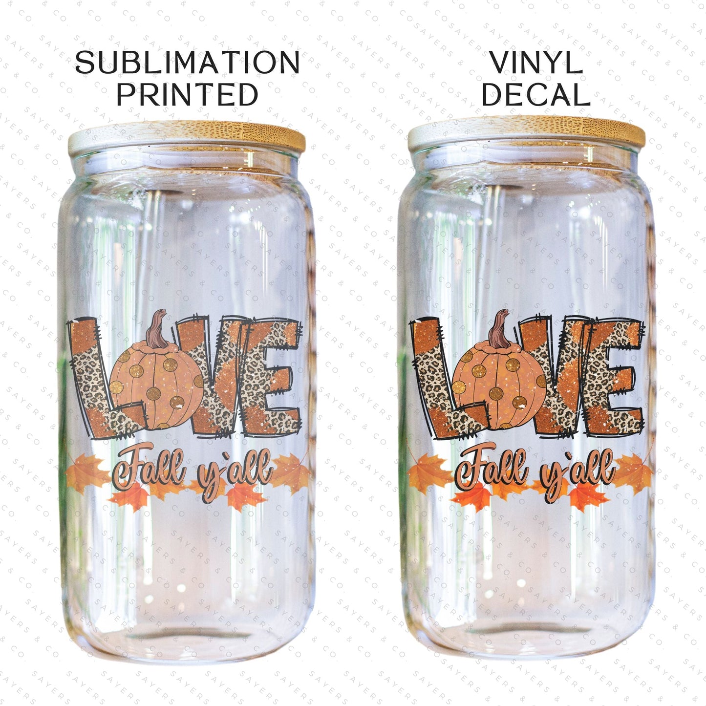 16oz Love Fall Yall Design Glass Cup with Bamboo Lid & Straw #100168