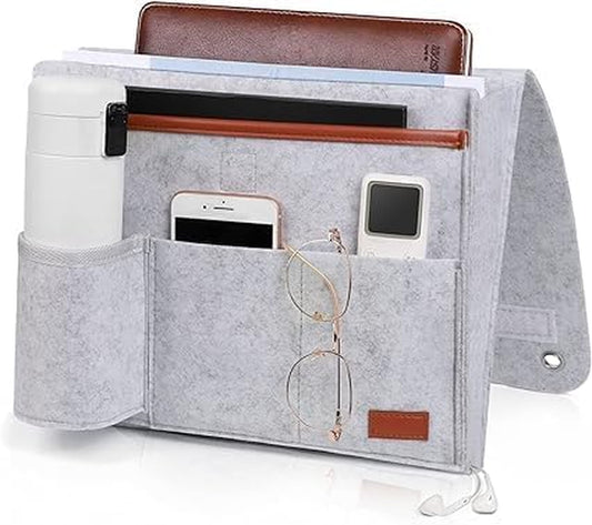 Bedside Caddy, Bedside Storage Caddy Sofa Armrest Organizer, Phone, Tablet, Remote Control Magazine Holder with 5 Pockets for Home Dorm Desk Light Grey