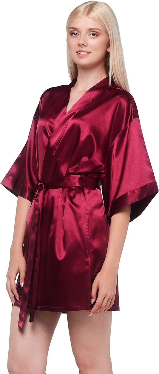 Women'S Pure Color Satin Short Kimono Bridesmaids Lingerie Robes