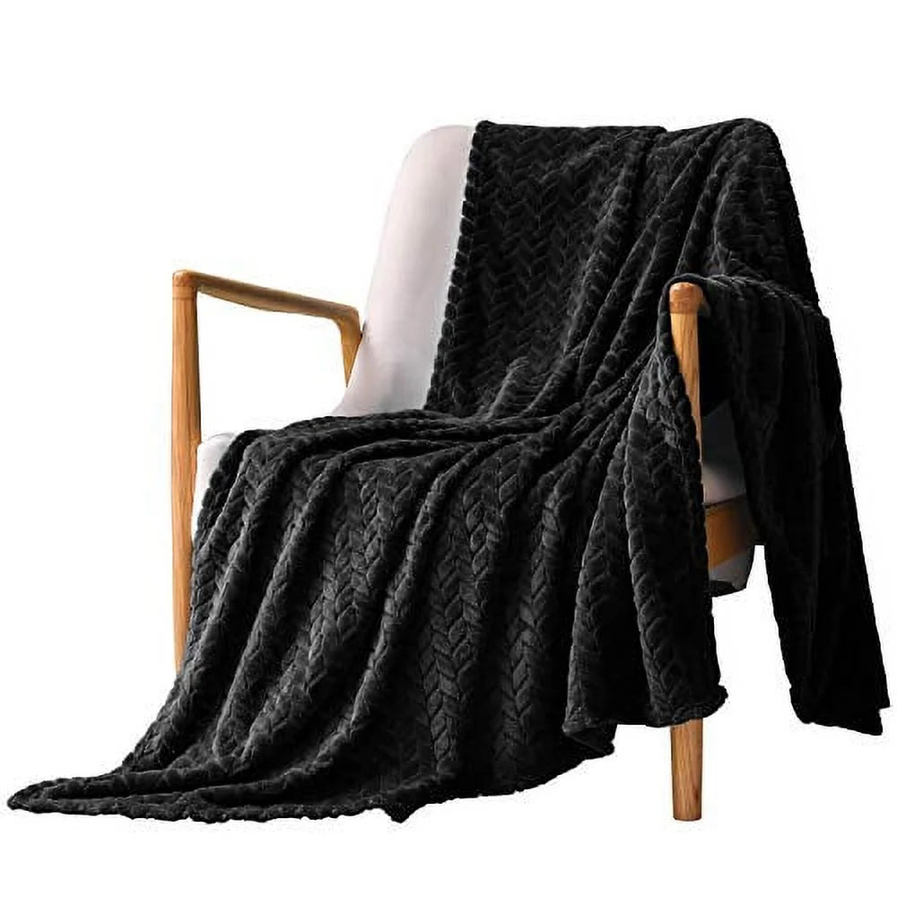 Large Flannel Fleece Throw Blanket, Jacquard Weave Leaves Pattern (50" X 70", Black) - Soft, Warm, Lightweight and Decorative