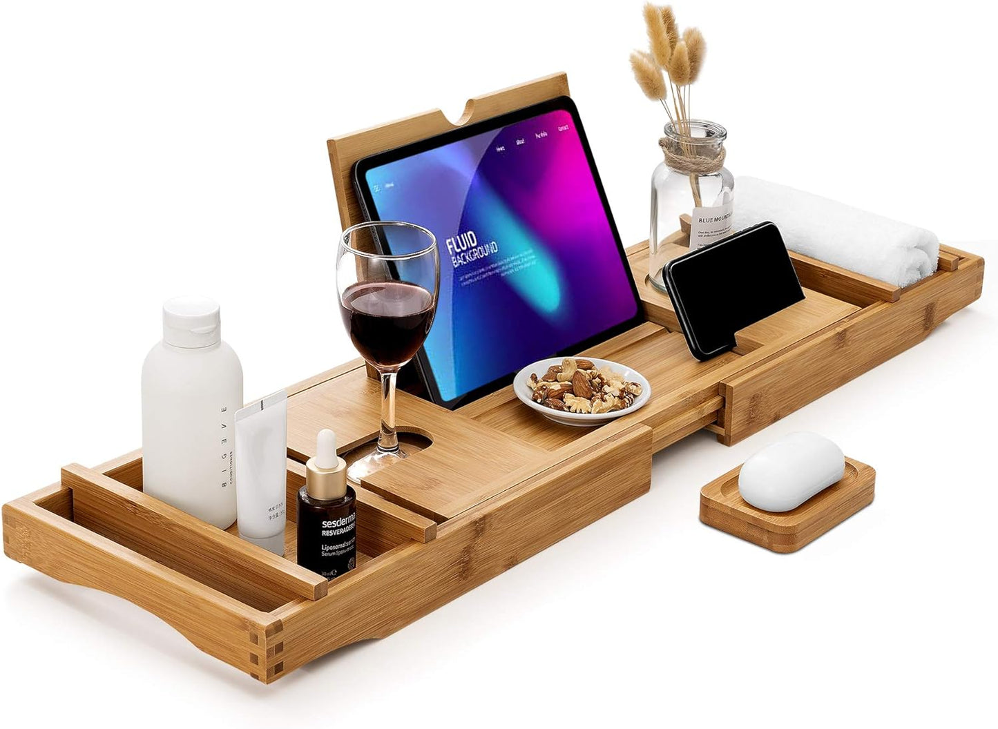 Bamboo Bathtub Caddy Tray with Extending Sides, Cellphone Ipad Tray and Wineglass Holder，Free Soap Holder