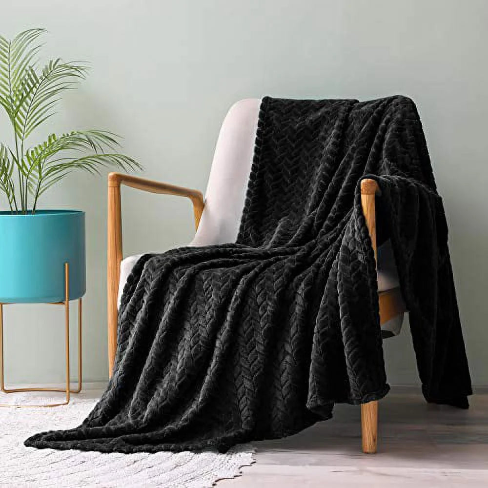 Large Flannel Fleece Throw Blanket, Jacquard Weave Leaves Pattern (50" X 70", Black) - Soft, Warm, Lightweight and Decorative