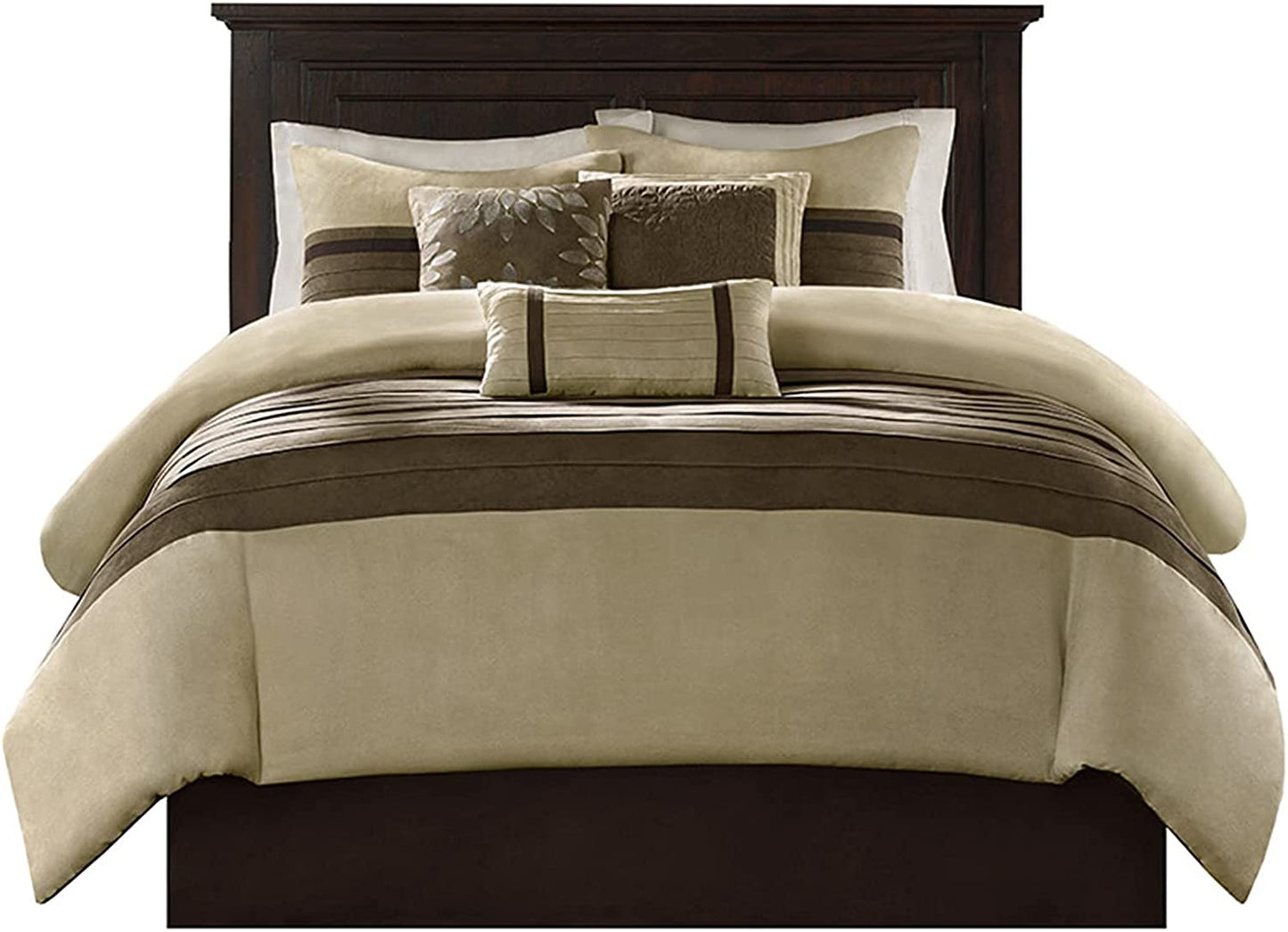 "Palmer Luxury Faux Suede Comforter Set - All Season Down Alternative Bedding with Striped Accents, Shams, Decorative Pillow & Bed Skirt - Queen Size 7 Piece Set in Natural"